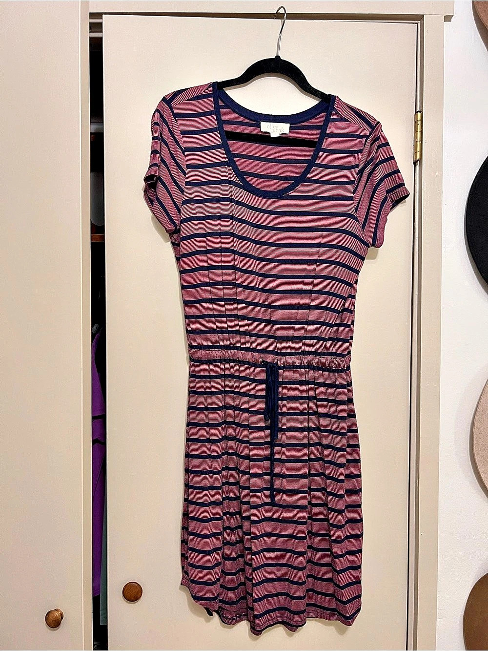Olive & Oak Striped Drawstring T-Shirt Dress Blue & Pink Large